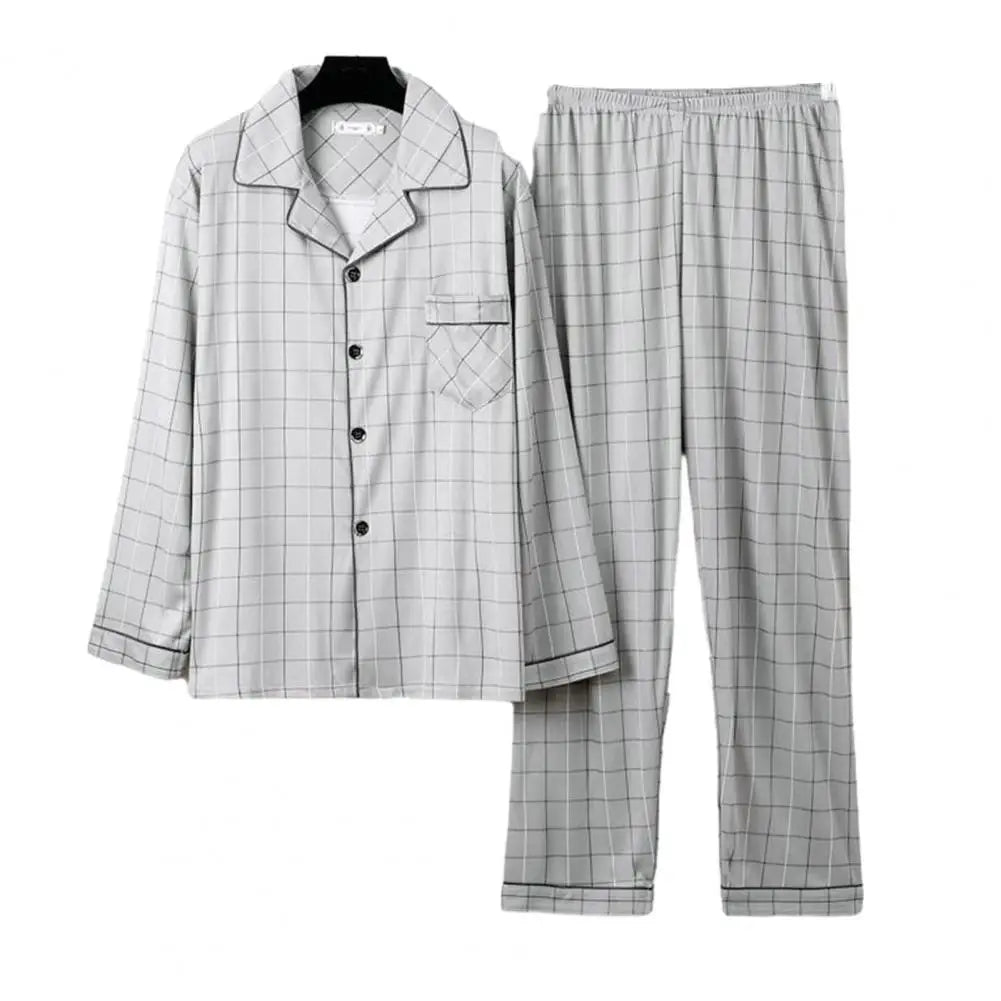 Comfy Milk Silk Loungewear Stylish Men's Fall Winter Pajama Set Striped Plaid Print Color Matching Lapel Single-breasted Long