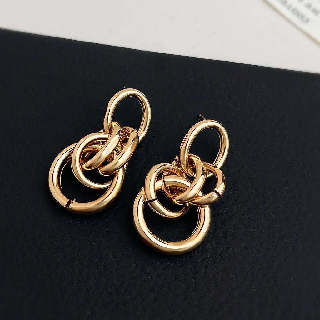 Gold Color Circle Linked Drop Earrings for Women Classic Round Metal Pendant Statement Earring Girl Party Jewelry