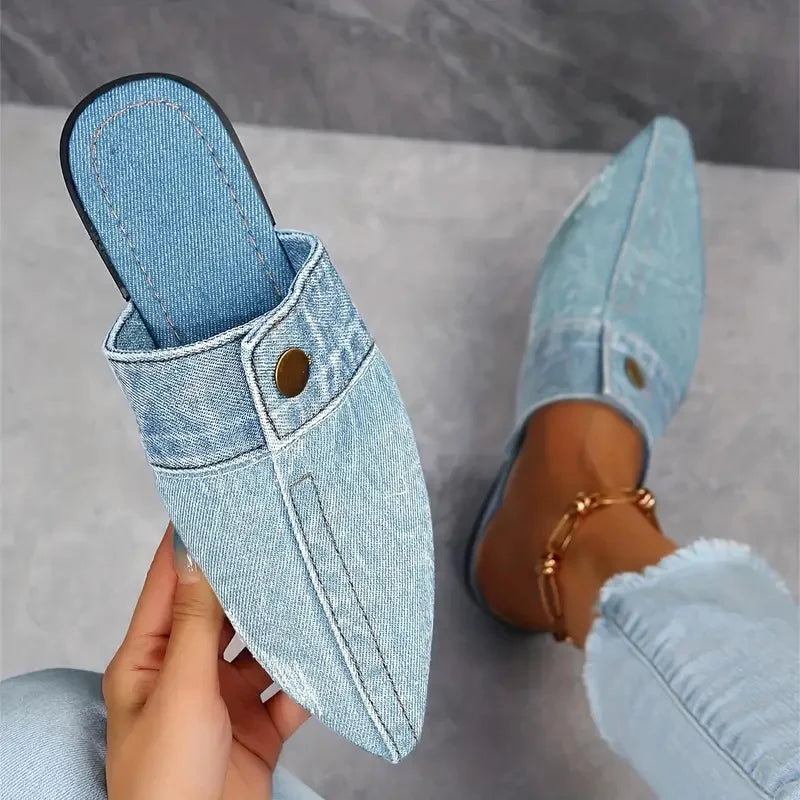 Women Slippers New Pointed Toe Denim Flat Bottom Half Slippers Women Fashion Large Size Sandals Slides Women Zapatos De Mujer