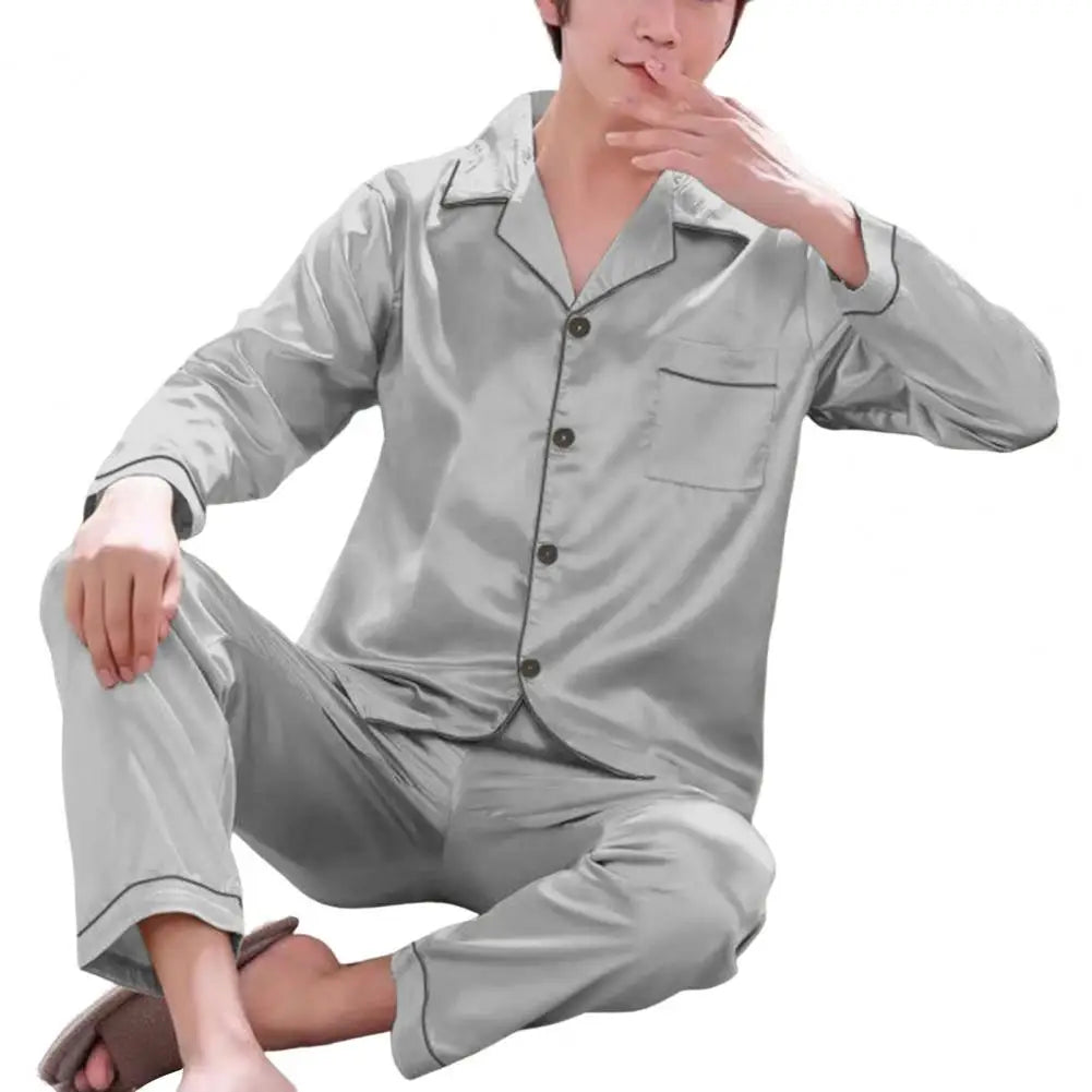 1 Set Men Sleepwear Solid Color Long Sleeved Single Breasted Home Wear Ice Silk Loose Plus Size Pajamas Set For Home