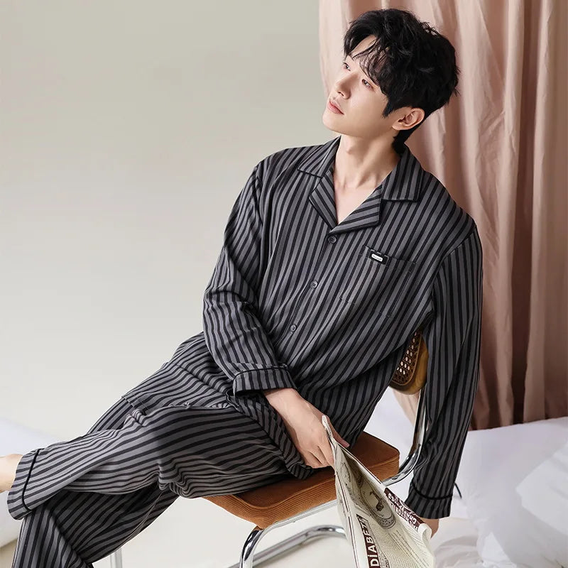 Pajamas Suit Men Pure Cotton Long-sleeved Striped Printed Cardigan Sleepwear Winter Soft Breathable Homewear Men Loungewear Set