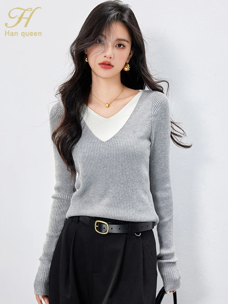 H Han Queen Autumn Winner Pullovers Sweaters Color Blocking Women Vintage Casual Tops Long Sleeve Knitwear Sweater