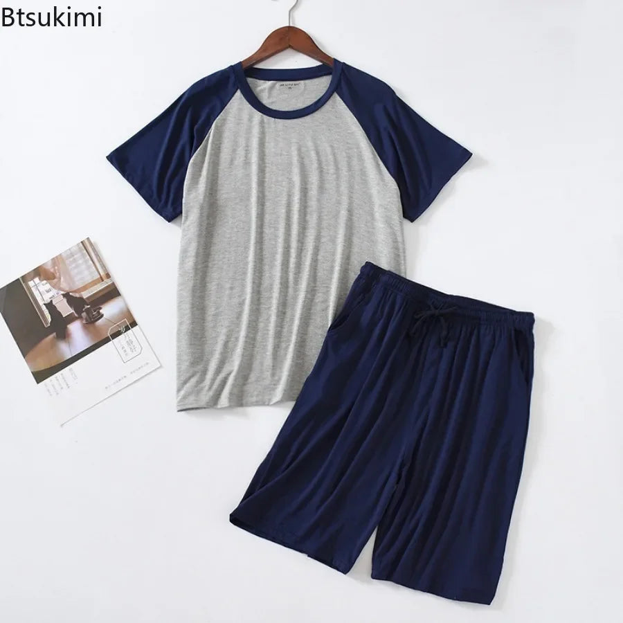 2025 Men's Summer Modal Pajama Sets O-neck Short Sleeve Tops and Short Pants Home Wear Man Loose Soft Colorblock Nightwear Sets