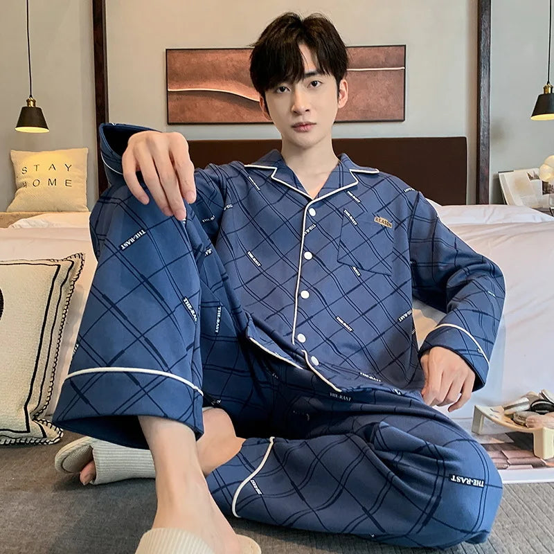 Pajamas Suit Men Pure Cotton Long-sleeved Striped Printed Cardigan Sleepwear Winter Soft Breathable Homewear Men Loungewear Set