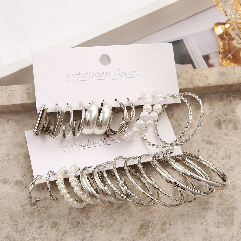Boho Silver Color Earrings Set for Women Vintage Heart Pearl Metal Geometric Twist Hoops Earrings 2024 New Trendy Jewerly Gifts