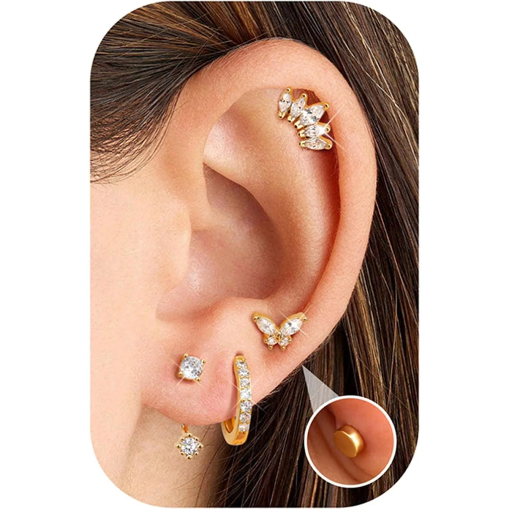 Florideco 4Pairs Dainty Earrings for Women Stud Hoops Surgical Steel Flat Back Studs Stacks Cartilage Set for Multiple Piercings
