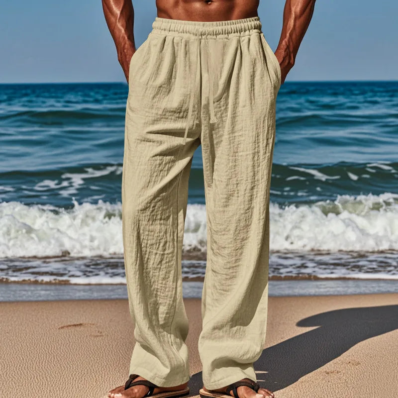 Spring Summer Thin Cotton Linen Loose Pants for Men Casual Elastic Waistband Solid Color Trousers Plus Size Beach Pants Man