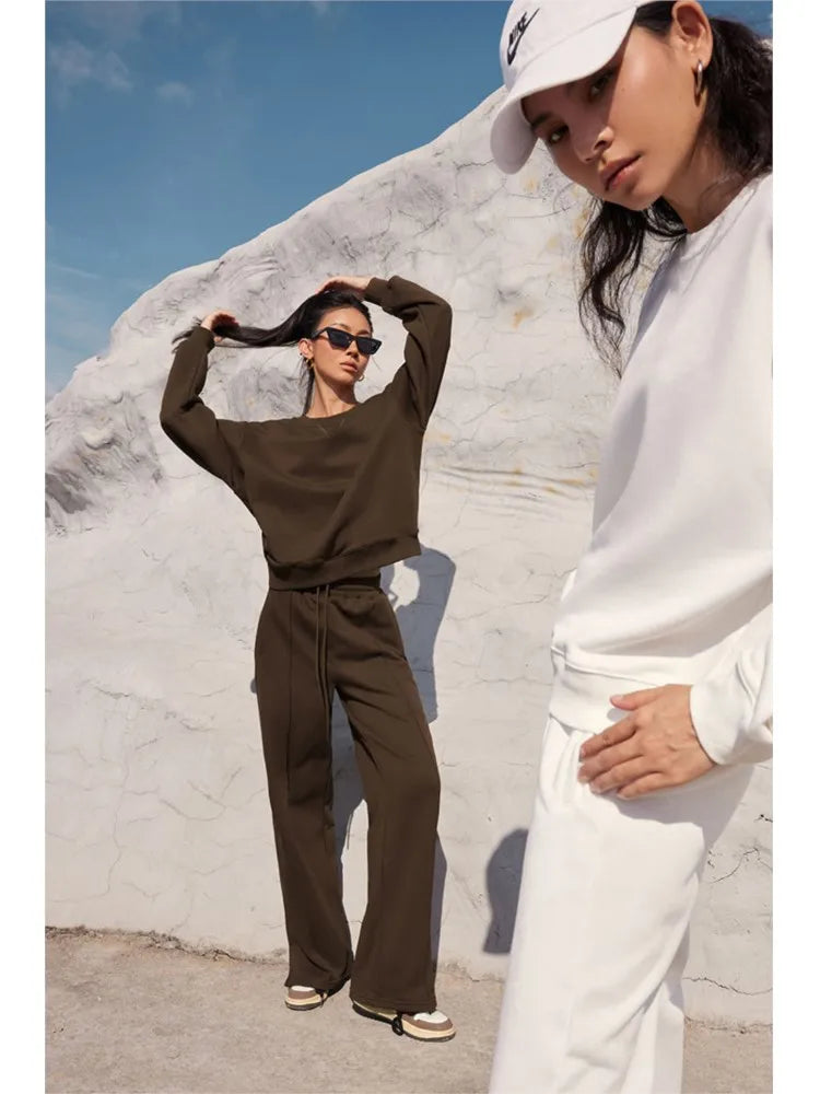 Women Fall Fashion Tracksuits Casual Long Sleeved Pullover Sets Two Piece Set Spring Solid Color Round Neck Pullover Pants Suits