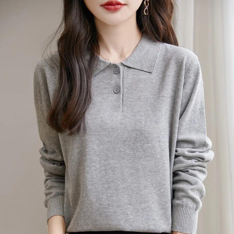 New Women Pure Cotton Sweater Polo Collar Pullover Casual Solid Color Knitwear Long Sleeve Autumn Winter Bottoming Clothing Tops