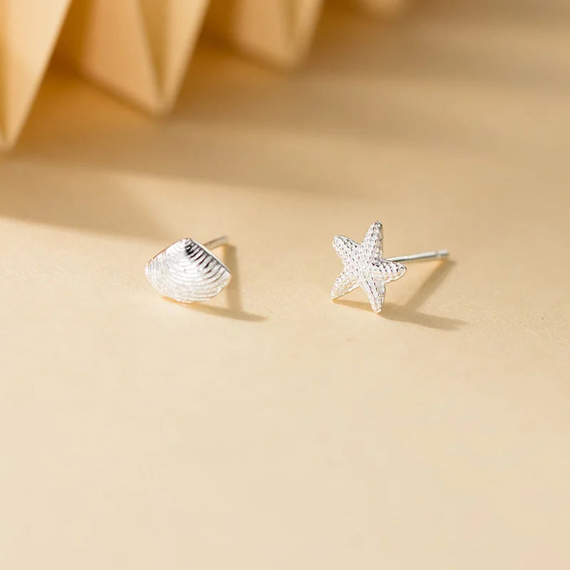 INZATT Real 925 Sterling Silver Asymmetric Starfish Shells Mini Stud Earrings for Women Classic Fine Jewelry Animal Accessory