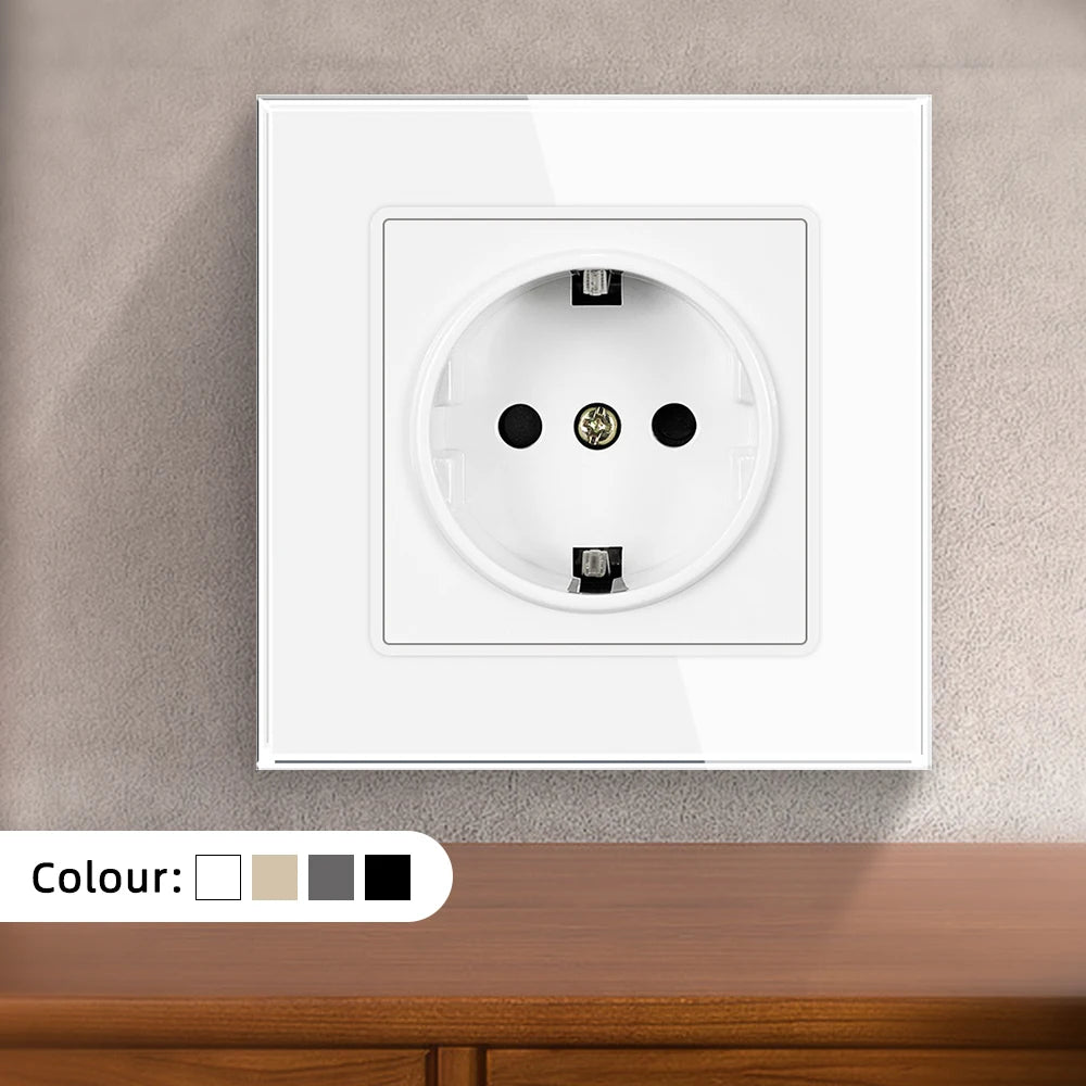 SRAN EU RU Wall Electrical Socket 16A 220V 82*82mm Tempered Glass Power Outlet Home Improvement White/Black