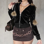 Goth Dark 90s Aesthetic Soft Velvet Zip Sweatshirt Hoodie Cyber Y2K Faux Collar Pocket Hooded Coats Women Slim Streetwear Gothic