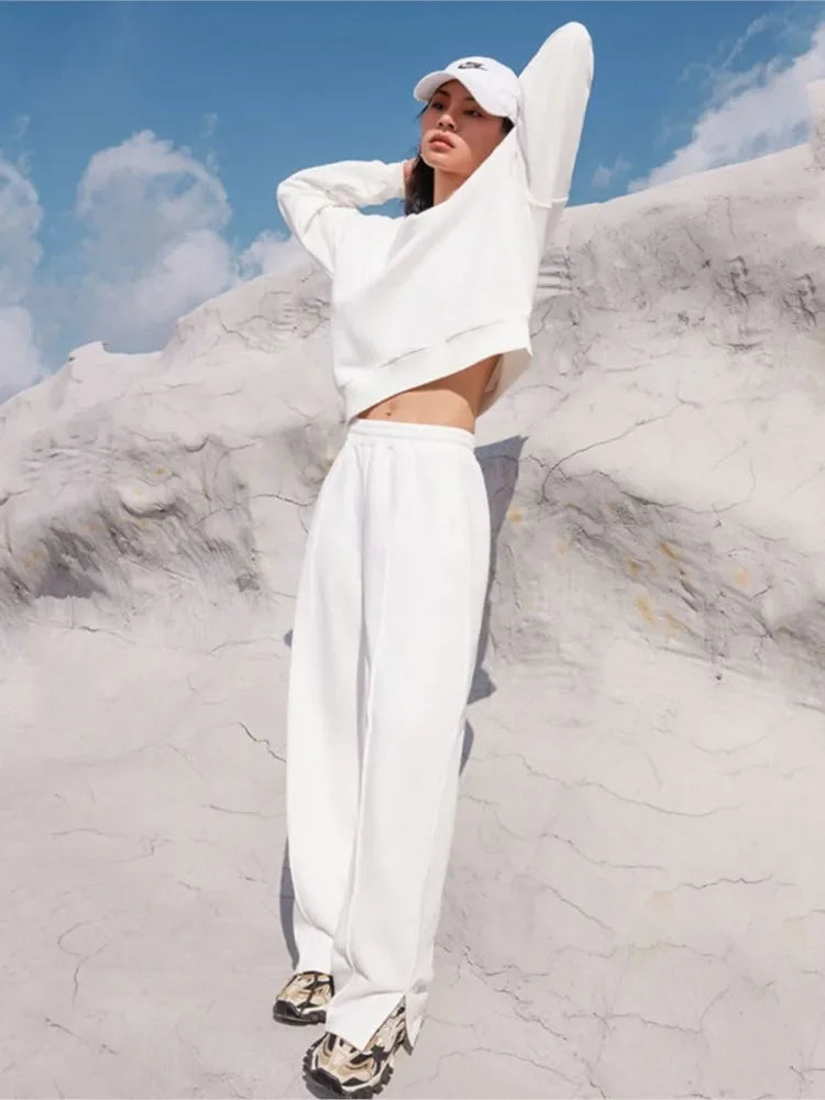 Women Fall Fashion Tracksuits Casual Long Sleeved Pullover Sets Two Piece Set Spring Solid Color Round Neck Pullover Pants Suits