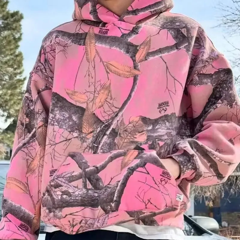 Y2K Retro Hoodie Men Pink Branch Print Camouflage Pattern Sweatshirt High Street Hip Hop Streetwear Goth Camo Hoodie Unisex Coat