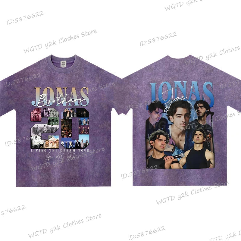 Vintage Jonas Bros 20th Annivesary Tour 2025 Print T-Shirt Short Sleeve Washed Tee Summer Women Men Shirt Casual Cotton Clothing