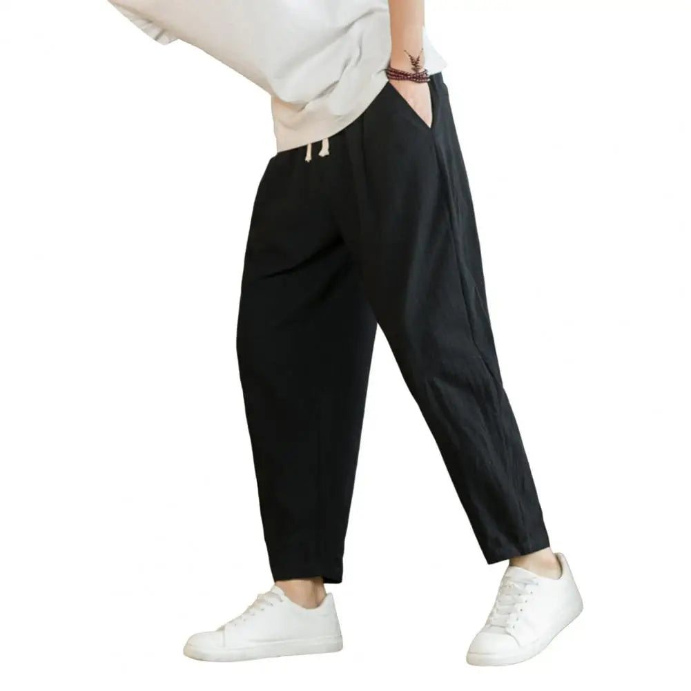 Men Cropped Trousers Men Casual Pants Men's Loose Straight Drawstring Ninth Pants with Elastic Waist Pockets Solid for Daily