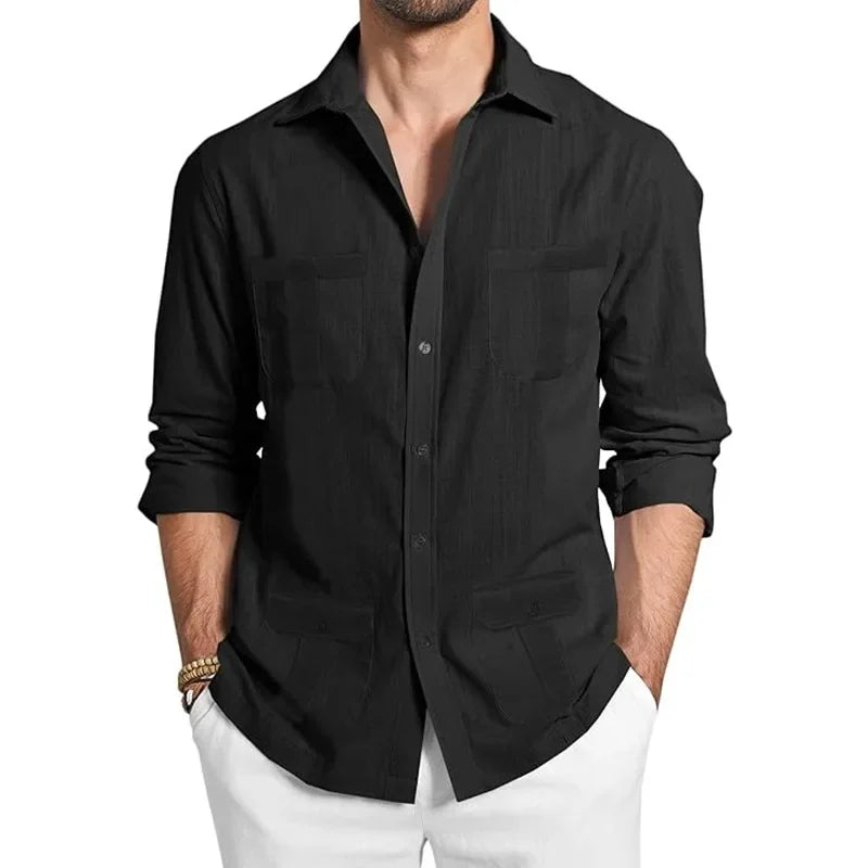 Men's Cuban Guayabera Long Sleeve Shirt Linen Casual Button up Beach Top Comfortable Breathable Summer Fashion Clothing
