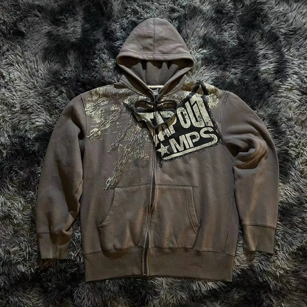 Retro letter hooded sweatshirt jacket for women spring and autumn 2024 new American casual loose fashion retro long-sleeved top