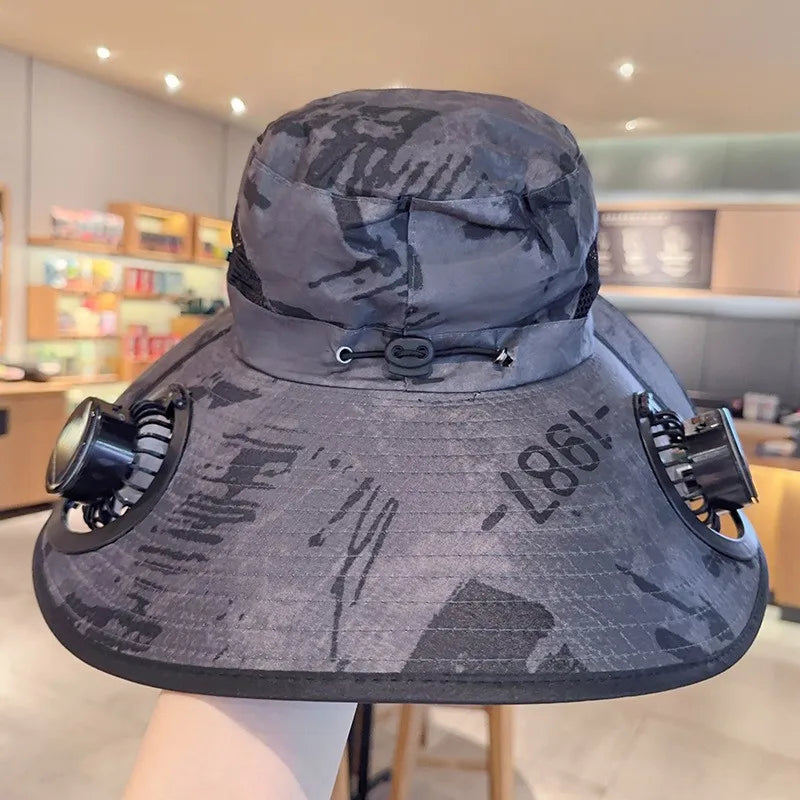 Solar Fan Hat Summer Camouflage Sun Bucket Hat for Men Women Outdoor Mountaineering Sunshade Fisherman Hat with Dual Cooling Fan