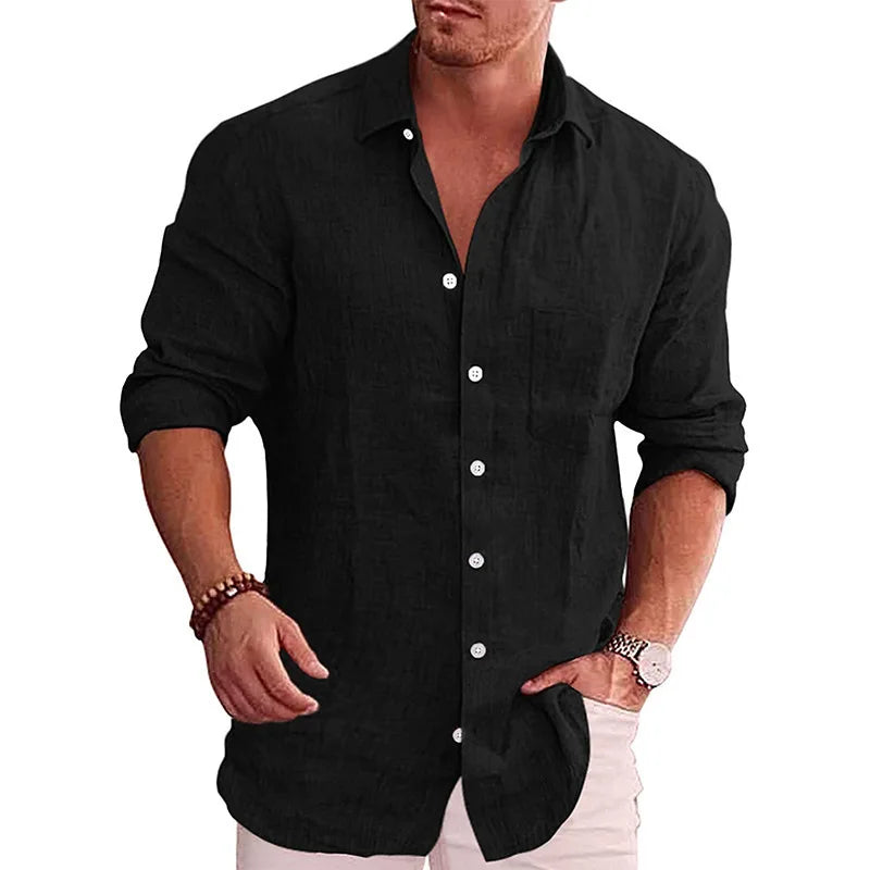Casual Men Blouse Shirts Slim Turn Down Collar Long Sleeve Button Pocket Flax Business Tops NMD-6653