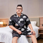 160kg 5XL Plus Size Satin Loose Loungewear Men Short Sleeve Ice Silk Pajama Button Down 2-Piece Pjs Set Sleepwear Home Clothes