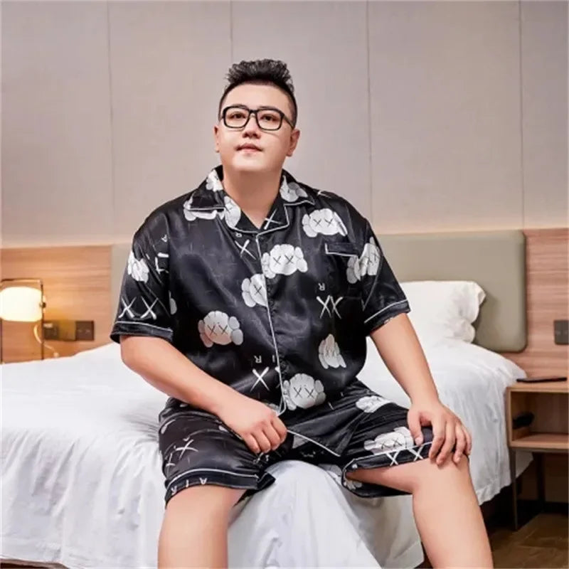 160kg 5XL Plus Size Satin Loose Loungewear Men Short Sleeve Ice Silk Pajama Button Down 2-Piece Pjs Set Sleepwear Home Clothes