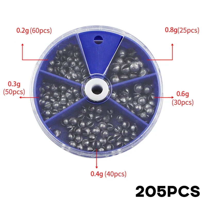 Lead Fishing Sinkers 205pcs Open Lead Pendant With Storage Box 0.2g 0.3g 0.4g 0.6g 0.8g For Casting And Deep Water Fishing Pesca