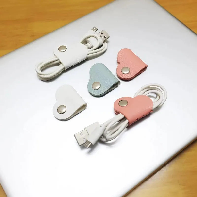 Heart-Shaped Faux Leather Cable Cord Winder Organizer Cable Management Clips for Headphones