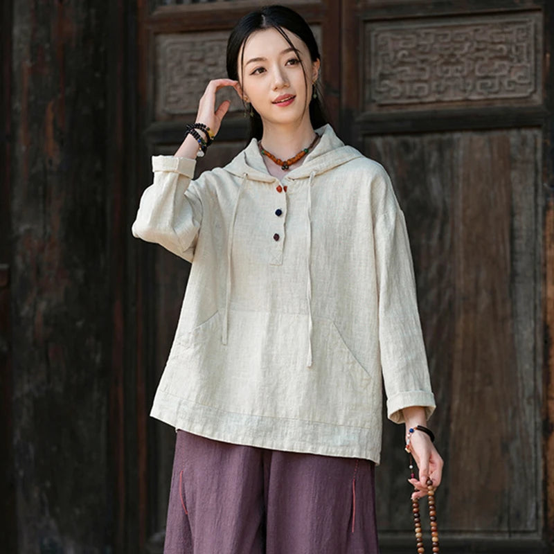 Women Cotton Linen Casual Hoodies New Arrival 2025 Autumn Vintage Style Plain Color Female Long Sleeve Hooded Pullovers M1838