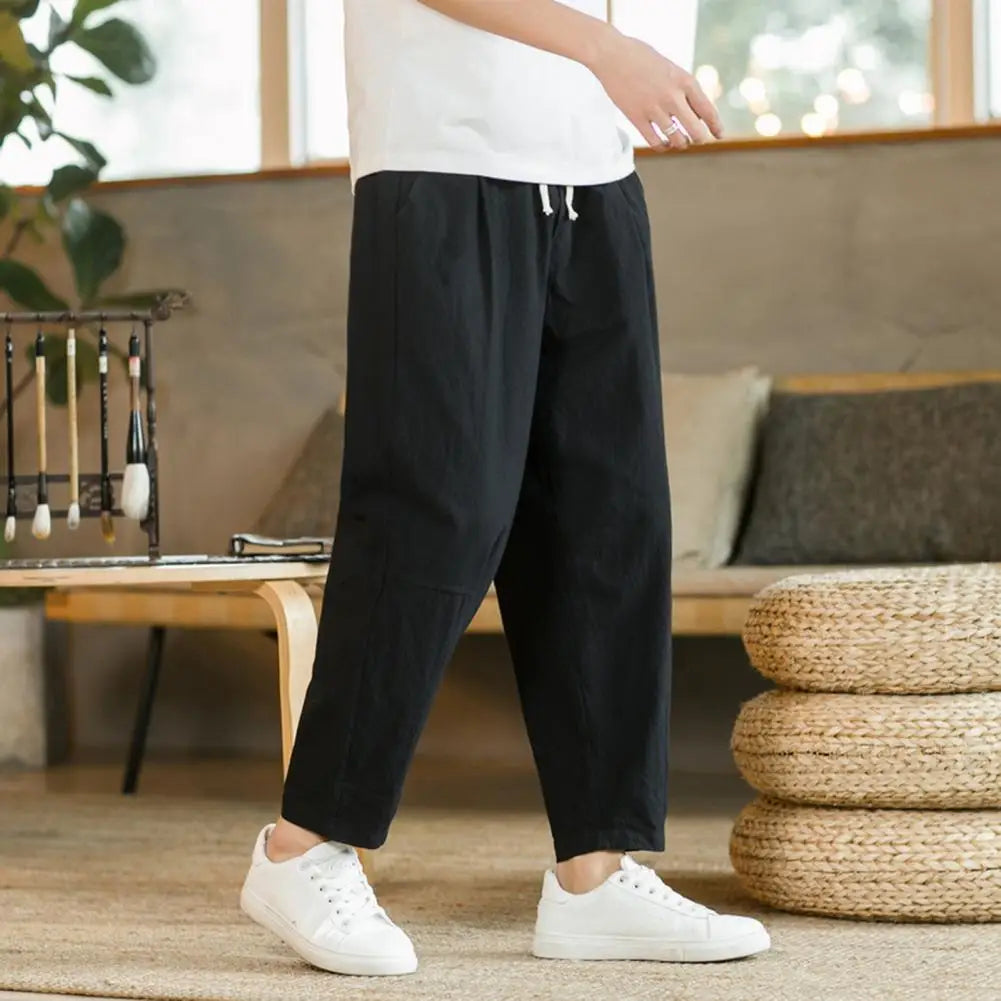 Men Cropped Trousers Men Casual Pants Men's Loose Straight Drawstring Ninth Pants with Elastic Waist Pockets Solid for Daily