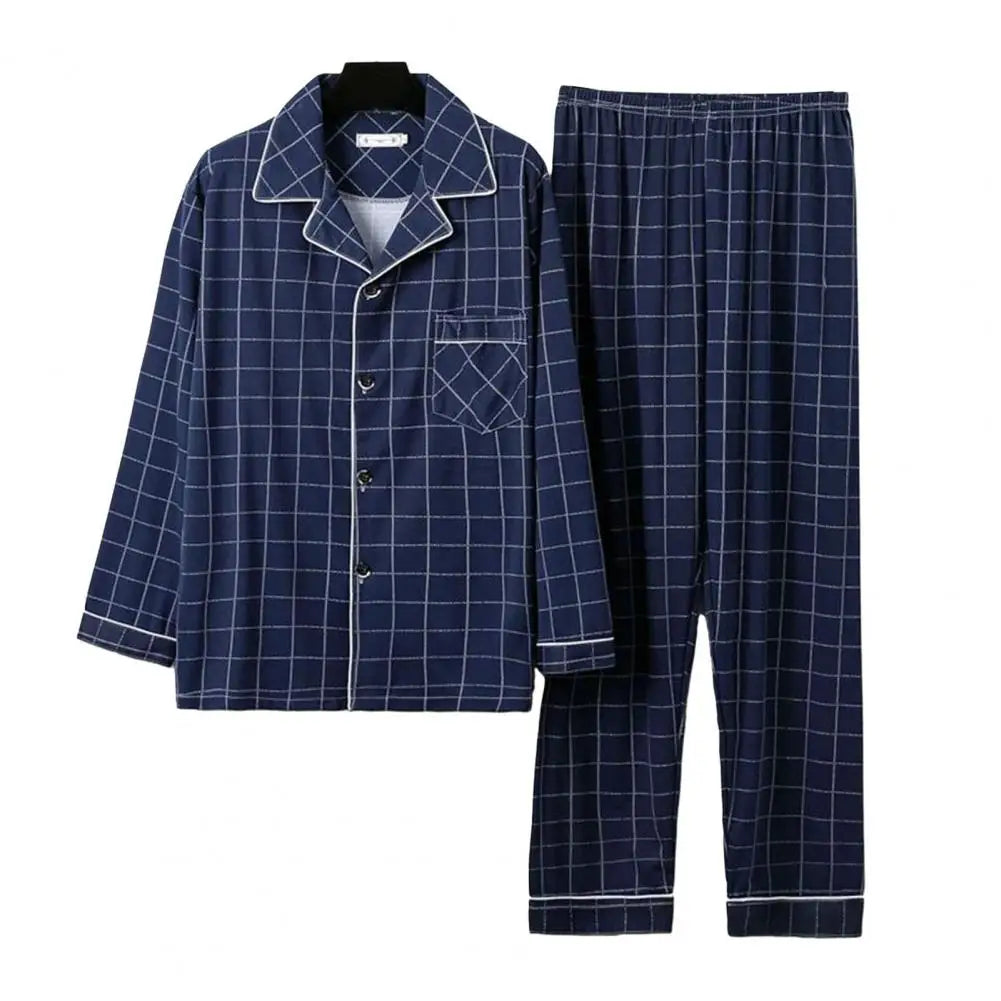 Comfy Milk Silk Loungewear Stylish Men's Fall Winter Pajama Set Striped Plaid Print Color Matching Lapel Single-breasted Long