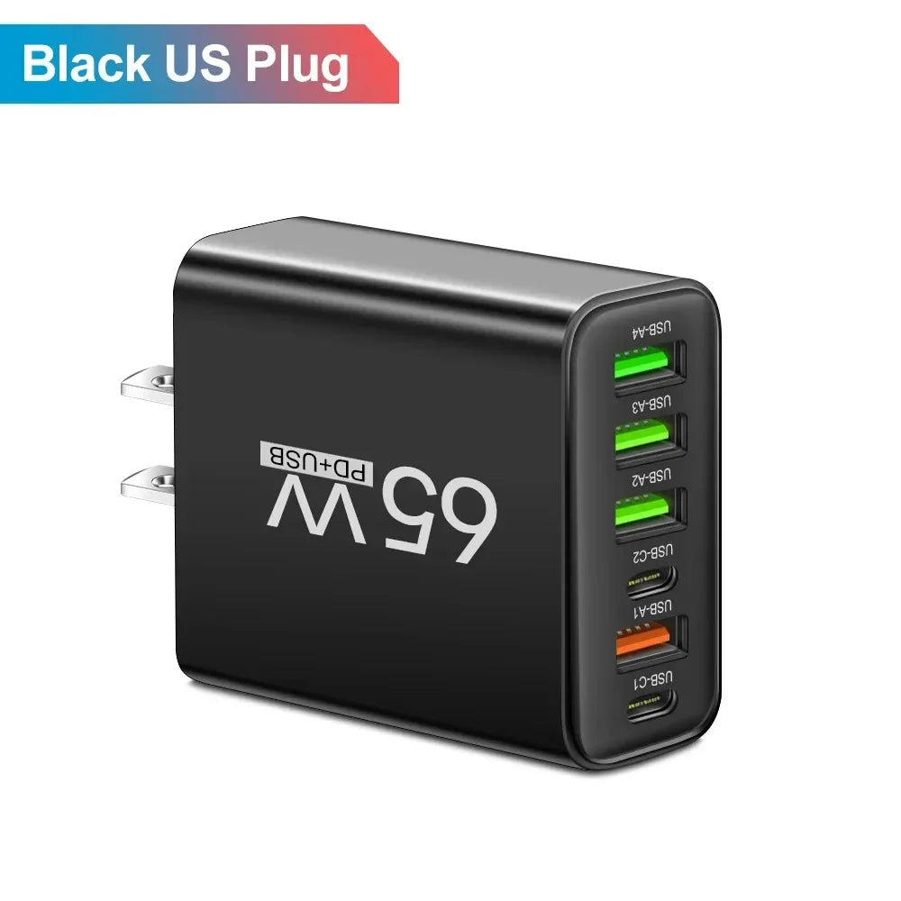 6 Ports 65W USB PD Charger Fast Charging Type C Phone Charger Adapter For iPhone Samsung Xiaomi USB C Quick Charge Wall Charger