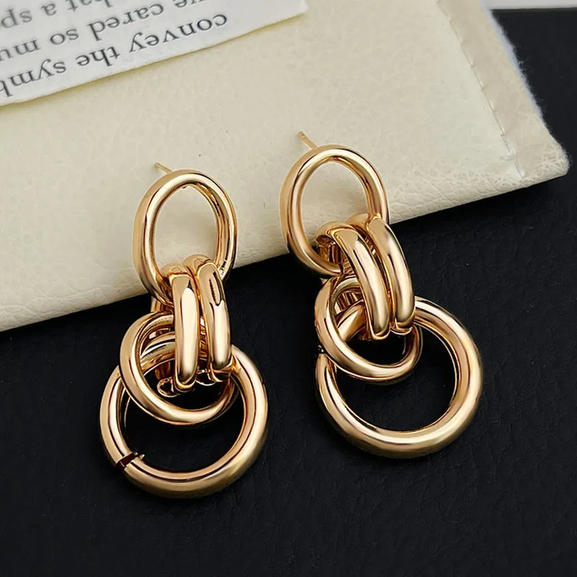 Gold Color Circle Linked Drop Earrings for Women Classic Round Metal Pendant Statement Earring Girl Party Jewelry