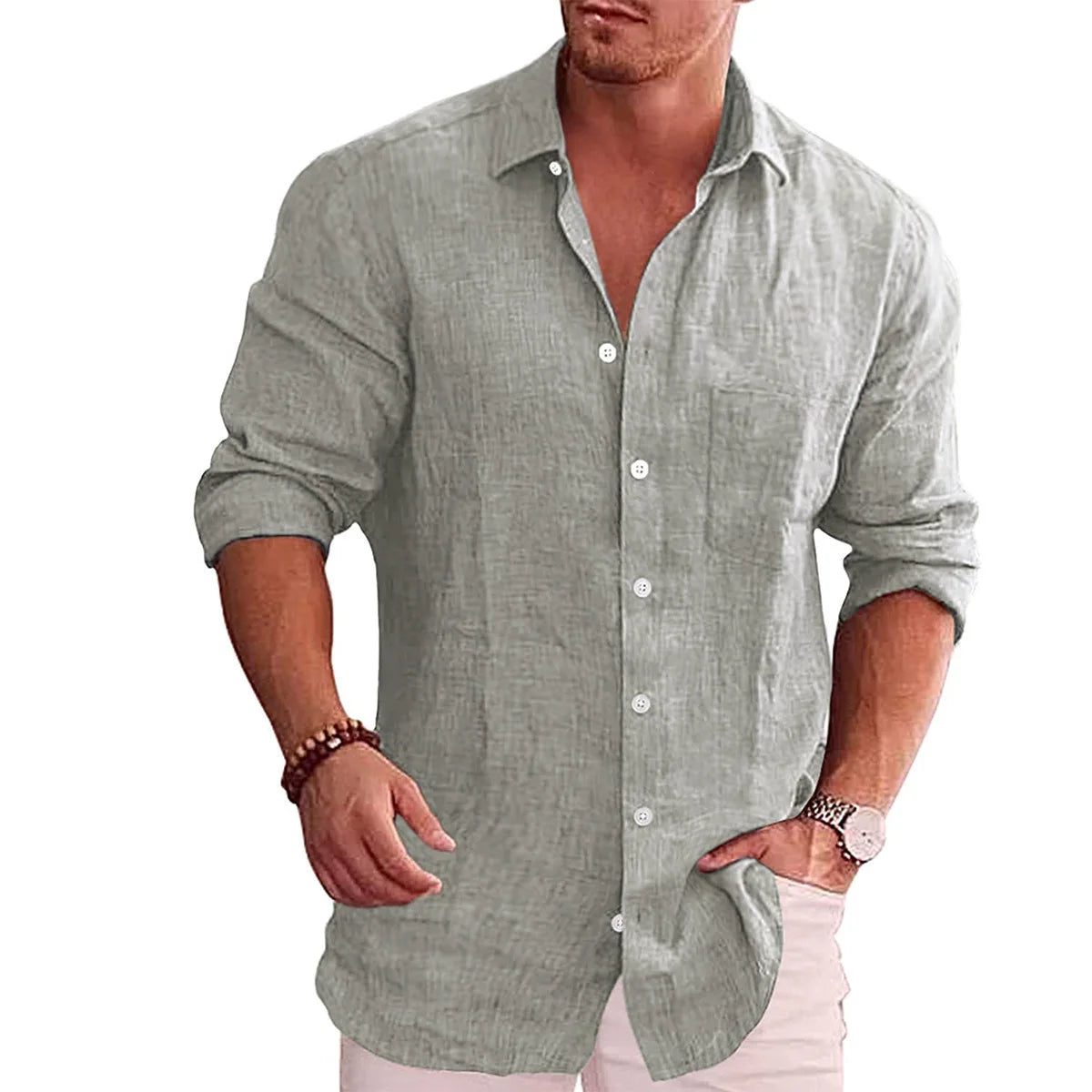 Casual Men Blouse Shirts Slim Turn Down Collar Long Sleeve Button Pocket Flax Business Tops NMD-6653