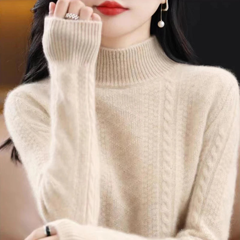 Chic Autumn Winter Soft Sophisticated Sweater Women's Mock Neck Pullover 100% Merino Wool Knitwear Solid Color Casual Tops