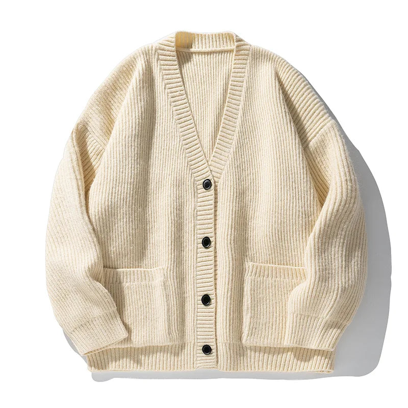 Thick Needle Texture Thickened Lazy Wind Cardigan Sweater Men's Autumn  Winter Keep Warm Retro Solid V-Neck Knit Sweater Jacket