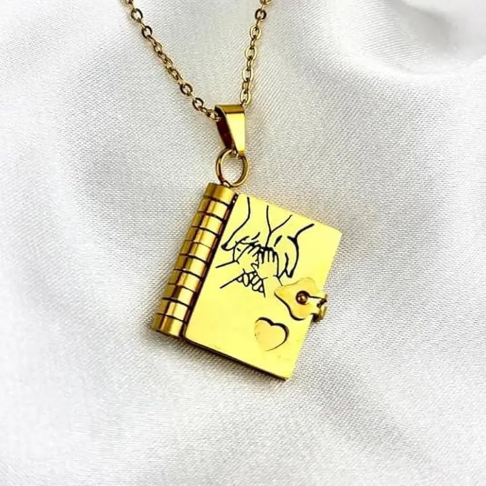 Openable Daughter Book Necklace Stainless Steel Gold Color Message Mini Book Pendant Necklace with Pages of Engraved Information
