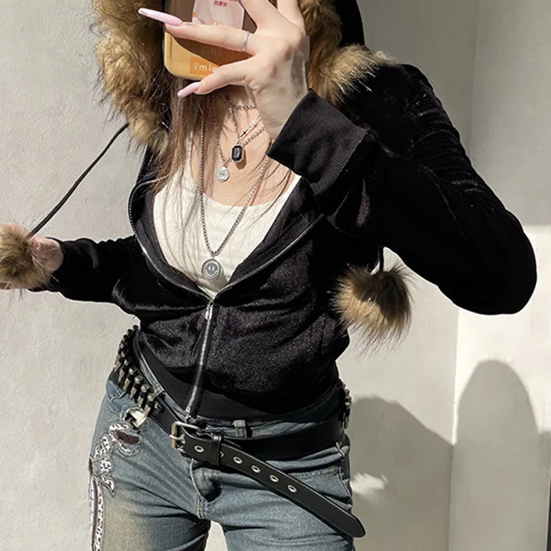 Goth Dark 90s Aesthetic Soft Velvet Zip Sweatshirt Hoodie Cyber Y2K Faux Collar Pocket Hooded Coats Women Slim Streetwear Gothic