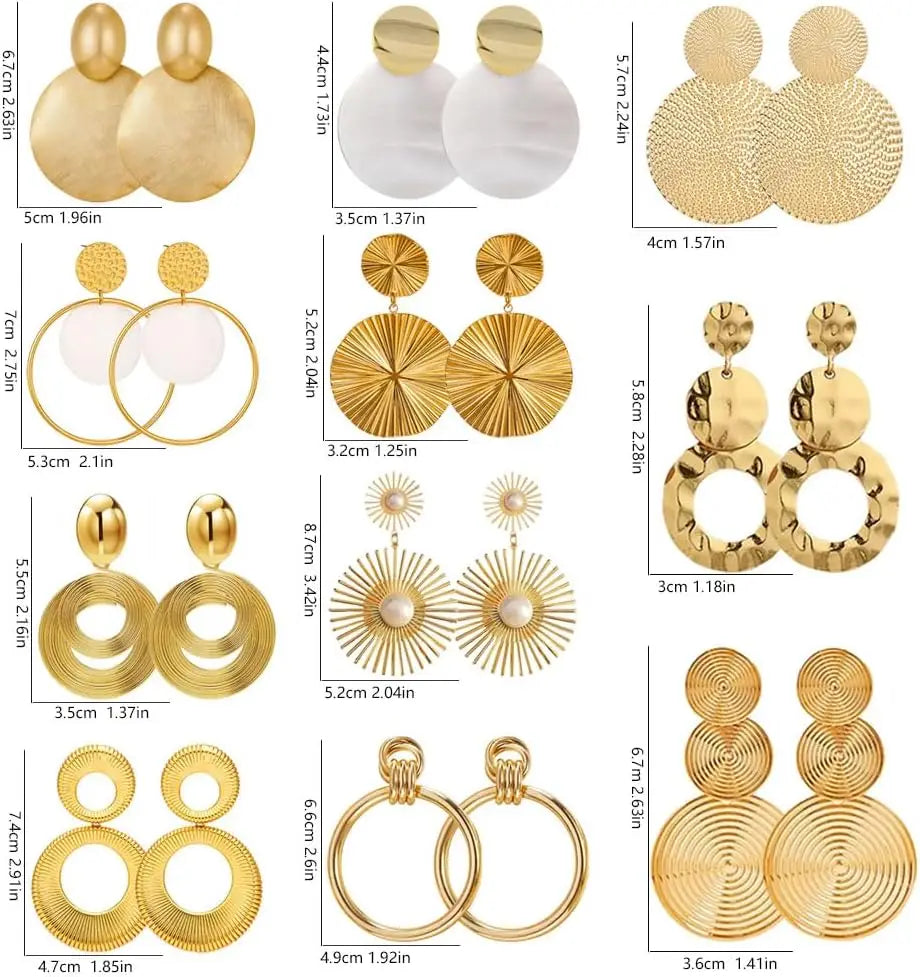 11 Pairs Boho Big Disc Drop Earrings 14K Gold Dangle Earring Round Hammered Statement Earrings For Women Drop Summer Earring