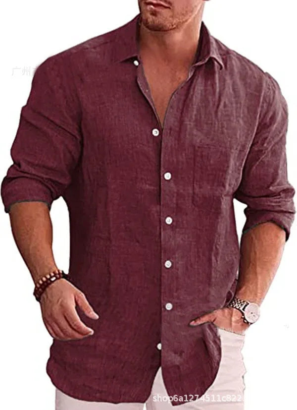 Casual Men Blouse Shirts Slim Turn Down Collar Long Sleeve Button Pocket Flax Business Tops NMD-6653