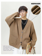 Thick Needle Texture Thickened Lazy Wind Cardigan Sweater Men's Autumn  Winter Keep Warm Retro Solid V-Neck Knit Sweater Jacket