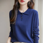 New Women Pure Cotton Sweater Polo Collar Pullover Casual Solid Color Knitwear Long Sleeve Autumn Winter Bottoming Clothing Tops