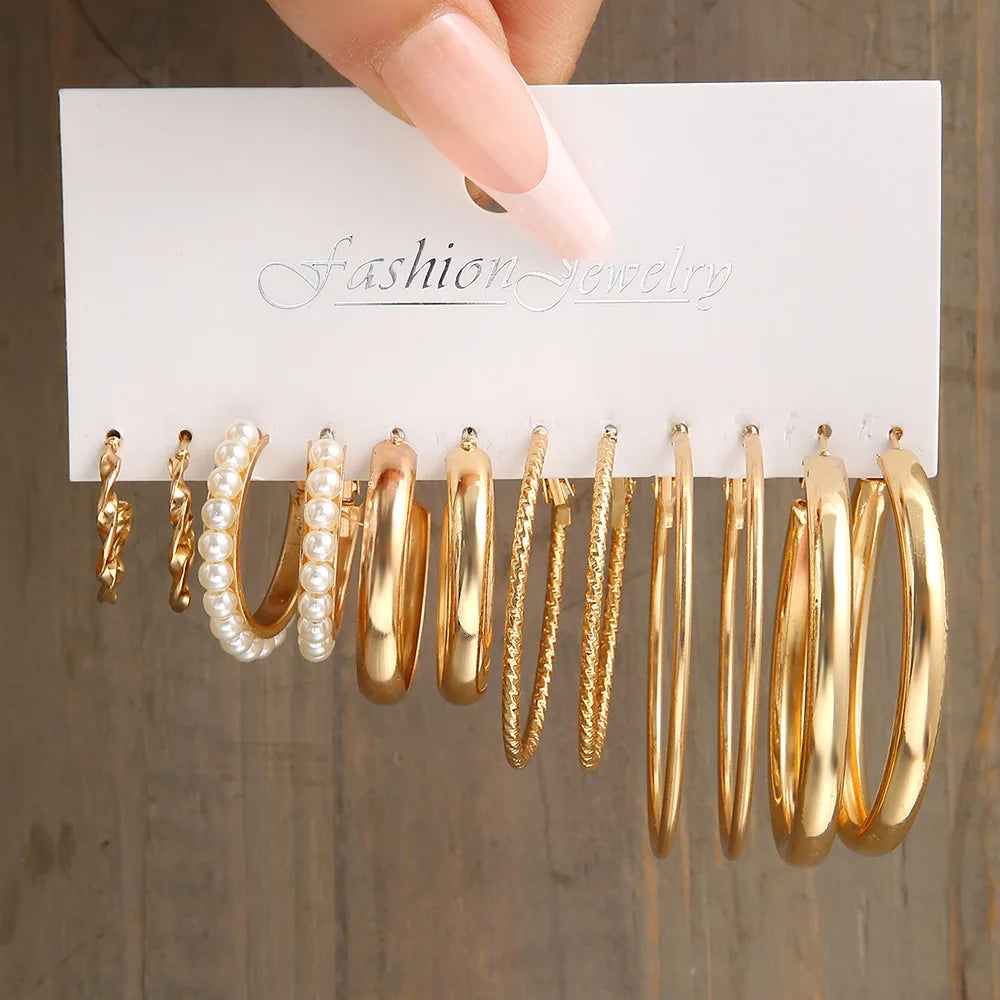 Boho Silver Color Earrings Set for Women Vintage Heart Pearl Metal Geometric Twist Hoops Earrings 2024 New Trendy Jewerly Gifts