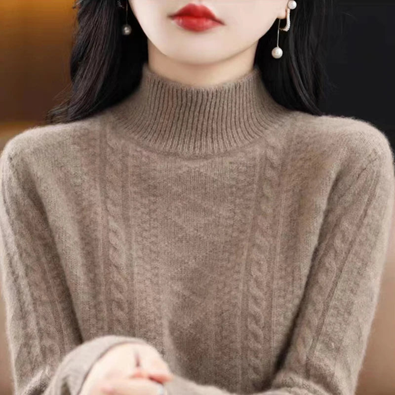 Chic Autumn Winter Soft Sophisticated Sweater Women's Mock Neck Pullover 100% Merino Wool Knitwear Solid Color Casual Tops