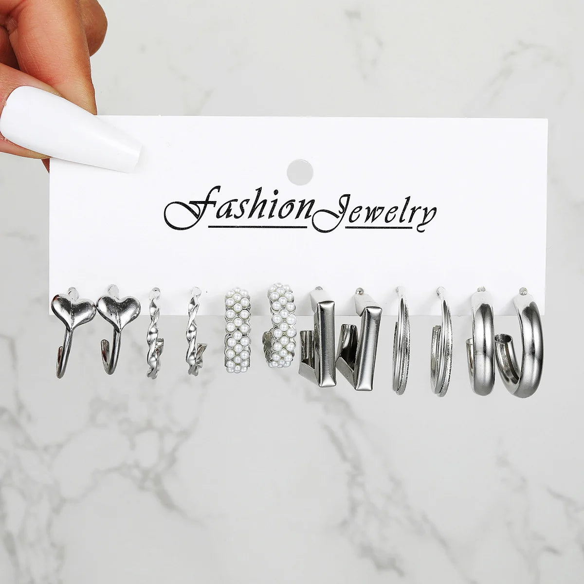 Boho Silver Color Earrings Set for Women Vintage Heart Pearl Metal Geometric Twist Hoops Earrings 2024 New Trendy Jewerly Gifts