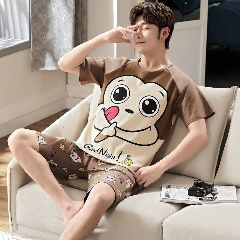 Men's Summer Pajamas Loungewear Set Round Neck Short Sleeve Thin Teen Men New Cartoon Casual Student Pajamas Loungewear Set