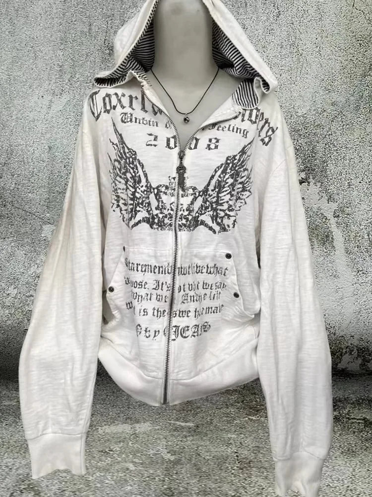 Grunge 2024 Print Slim Waist Y2k Hoodies Hooded Zip up Sweatshirts Vintage Women Clothing Long Sleeve Tops Casual Fashion