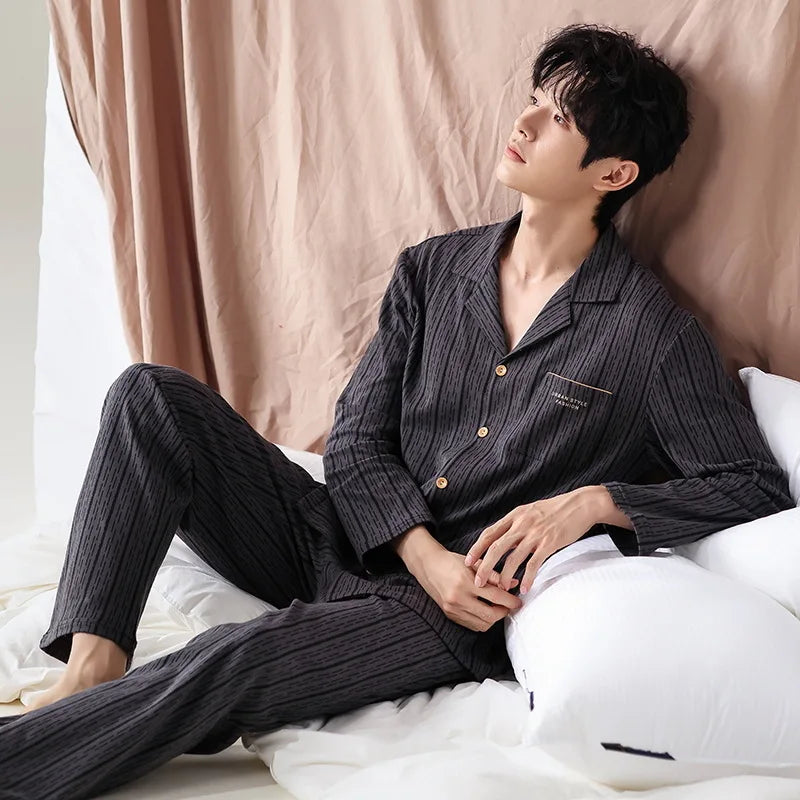 Pajamas Suit Men Pure Cotton Long-sleeved Striped Printed Cardigan Sleepwear Winter Soft Breathable Homewear Men Loungewear Set