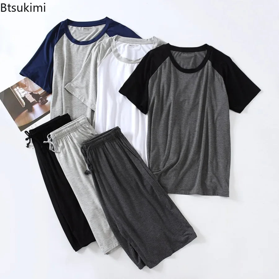 2025 Men's Summer Modal Pajama Sets O-neck Short Sleeve Tops and Short Pants Home Wear Man Loose Soft Colorblock Nightwear Sets