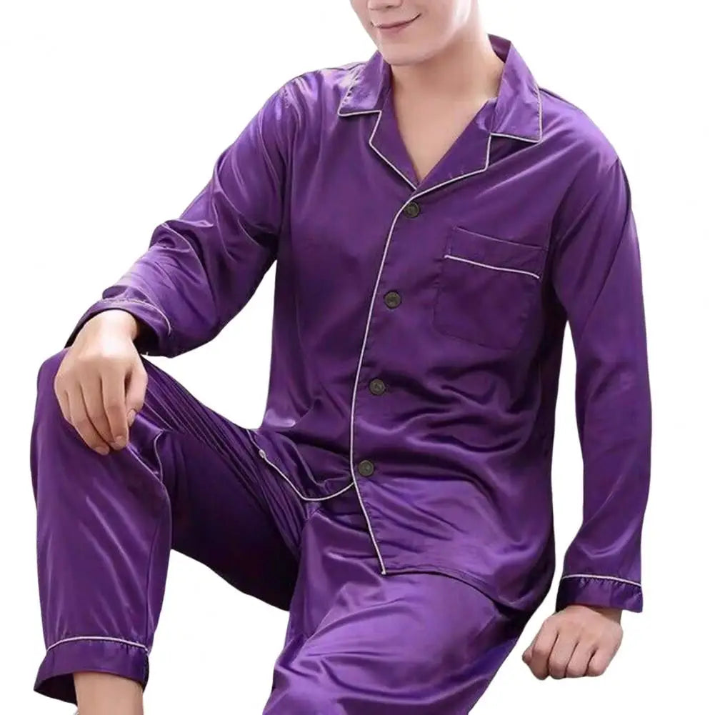 1 Set Men Sleepwear Solid Color Long Sleeved Single Breasted Home Wear Ice Silk Loose Plus Size Pajamas Set For Home